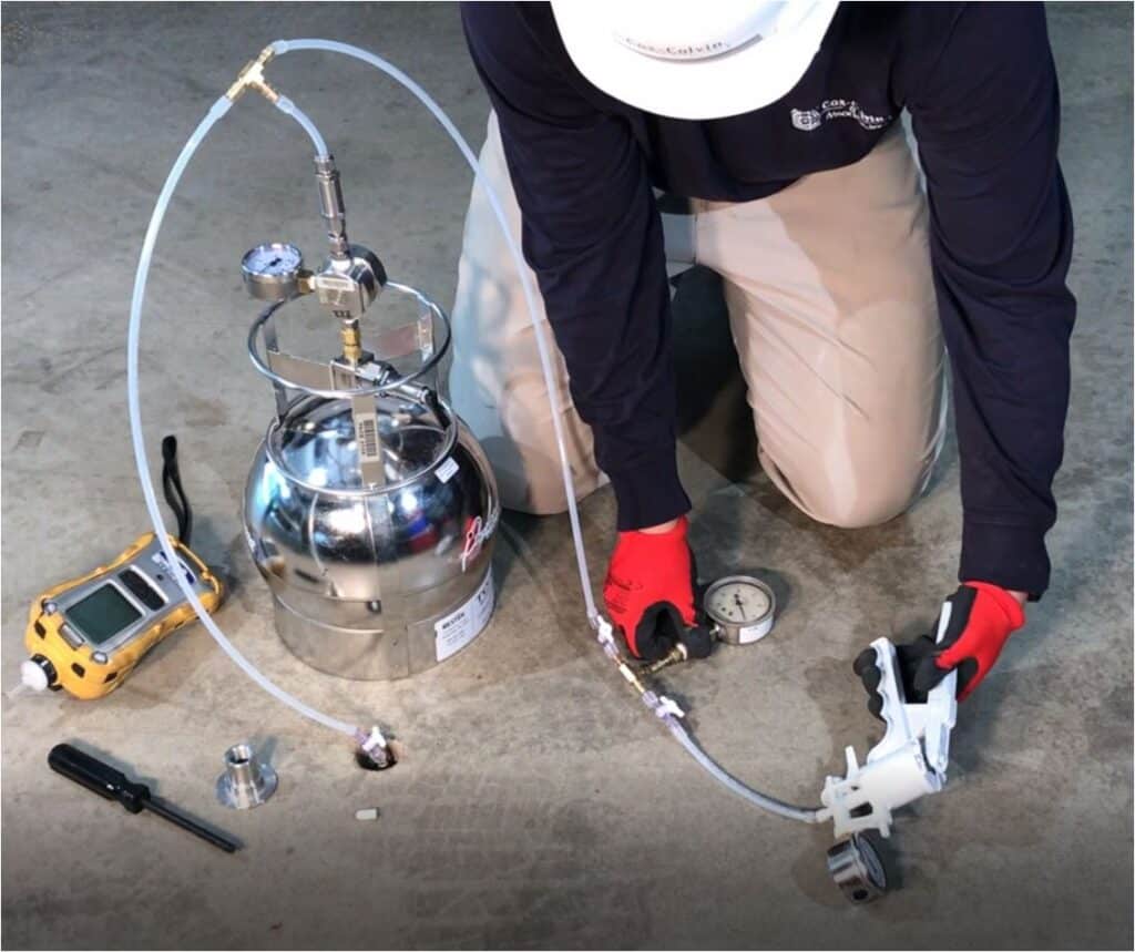 Mechanical oil tank leak-testing equipment used during a tank-system assessment